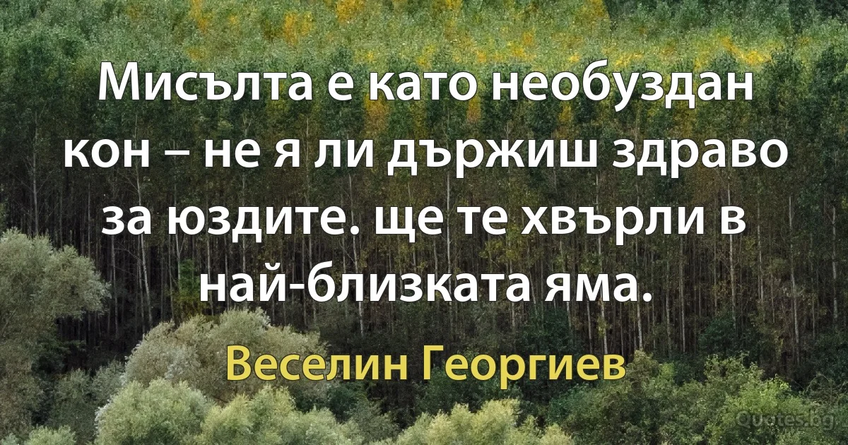 Мисълта е като необуздан кон – не я ли държиш здраво за юздите. ще те хвърли в най-близката яма. (Веселин Георгиев)