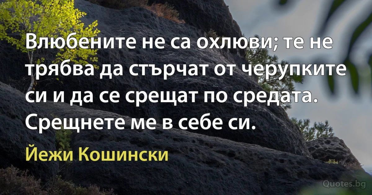 Влюбените не са охлюви; те не трябва да стърчат от черупките си и да се срещат по средата. Срещнете ме в себе си. (Йежи Кошински)