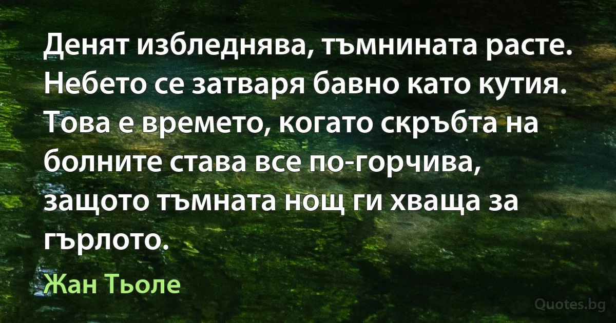 Денят избледнява, тъмнината расте. Небето се затваря бавно като кутия. Това е времето, когато скръбта на болните става все по-горчива, защото тъмната нощ ги хваща за гърлото. (Жан Тьоле)