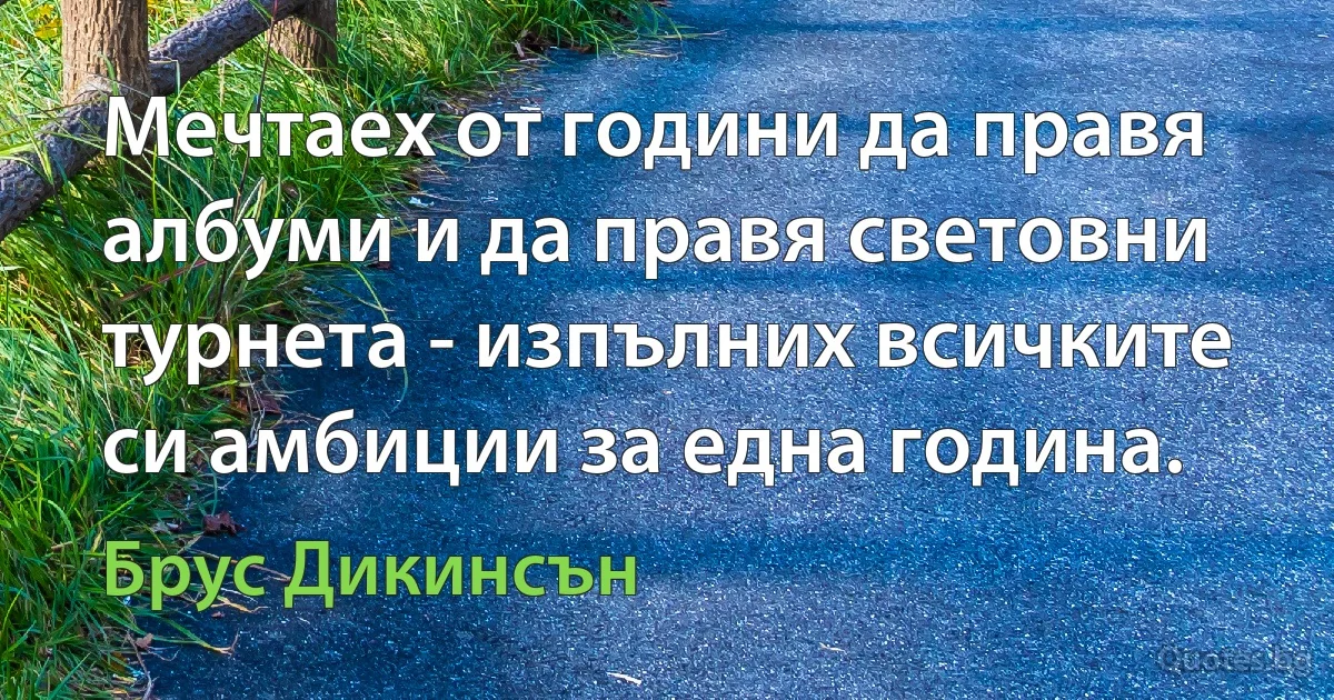 Мечтаех от години да правя албуми и да правя световни турнета - изпълних всичките си амбиции за една година. (Брус Дикинсън)