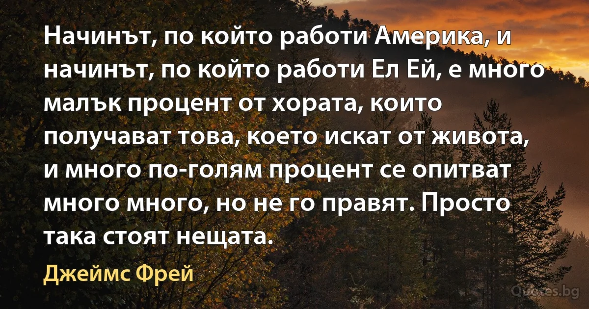 Начинът, по който работи Америка, и начинът, по който работи Ел Ей, е много малък процент от хората, които получават това, което искат от живота, и много по-голям процент се опитват много много, но не го правят. Просто така стоят нещата. (Джеймс Фрей)