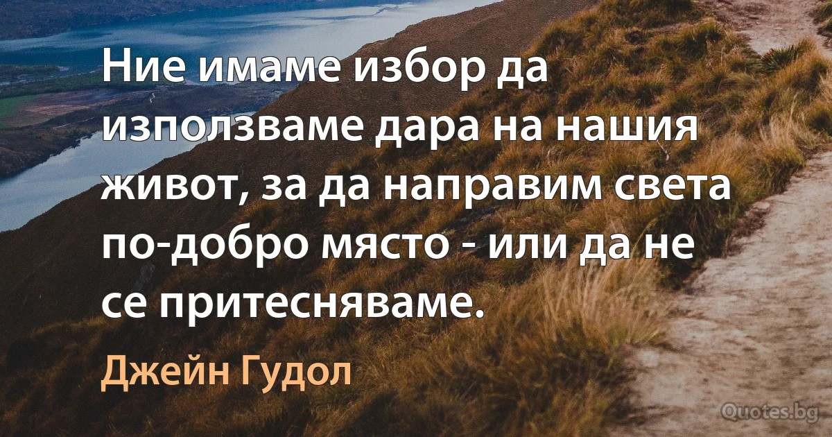 Ние имаме избор да използваме дара на нашия живот, за да направим света по-добро място - или да не се притесняваме. (Джейн Гудол)