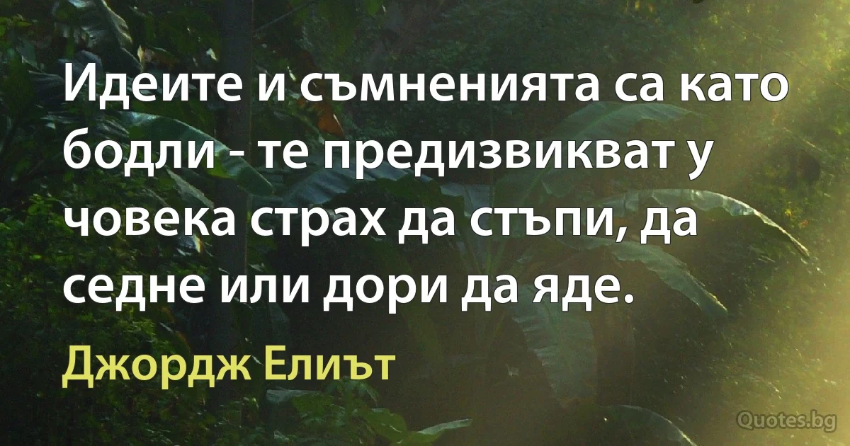 Идеите и съмненията са като бодли - те предизвикват у човека страх да стъпи, да седне или дори да яде. (Джордж Елиът)