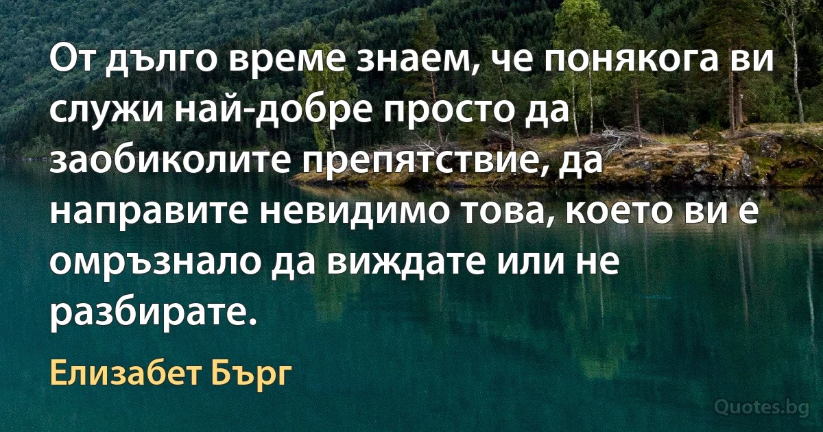 От дълго време знаем, че понякога ви служи най-добре просто да заобиколите препятствие, да направите невидимо това, което ви е омръзнало да виждате или не разбирате. (Елизабет Бърг)