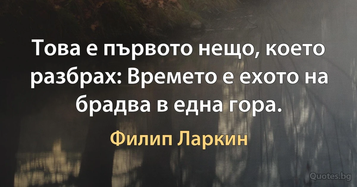 Това е първото нещо, което разбрах: Времето е ехото на брадва в една гора. (Филип Ларкин)