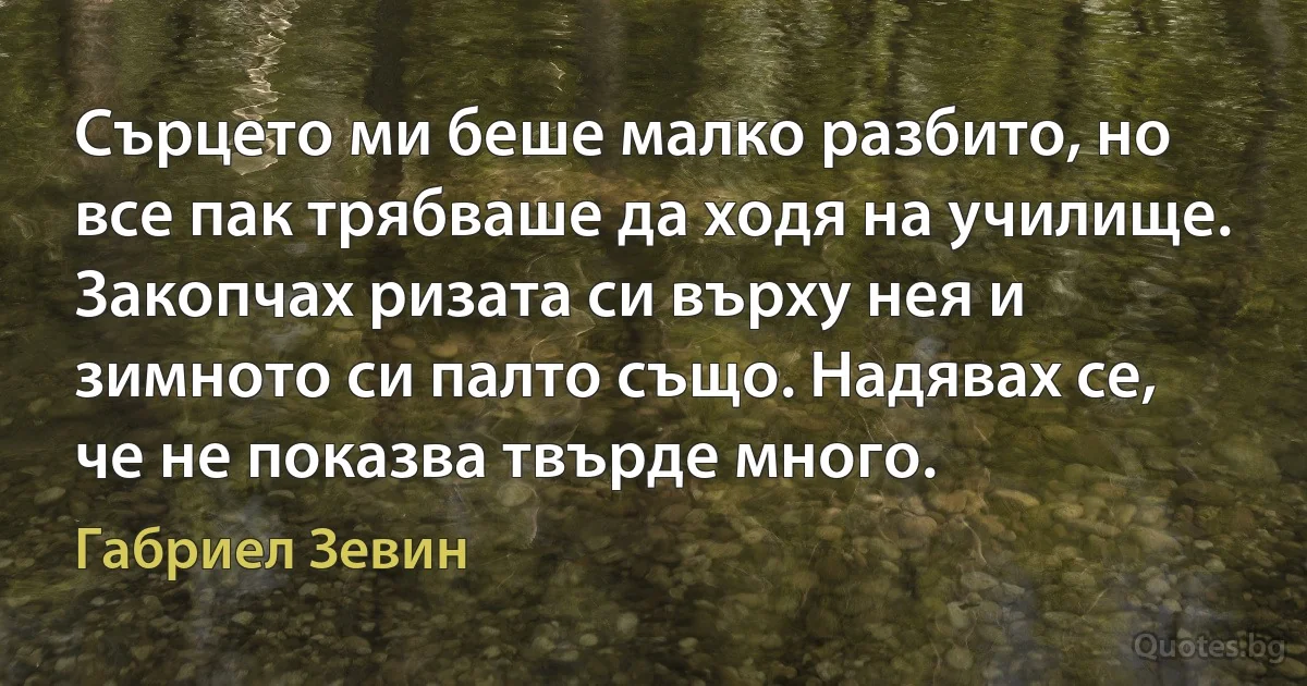 Сърцето ми беше малко разбито, но все пак трябваше да ходя на училище. Закопчах ризата си върху нея и зимното си палто също. Надявах се, че не показва твърде много. (Габриел Зевин)