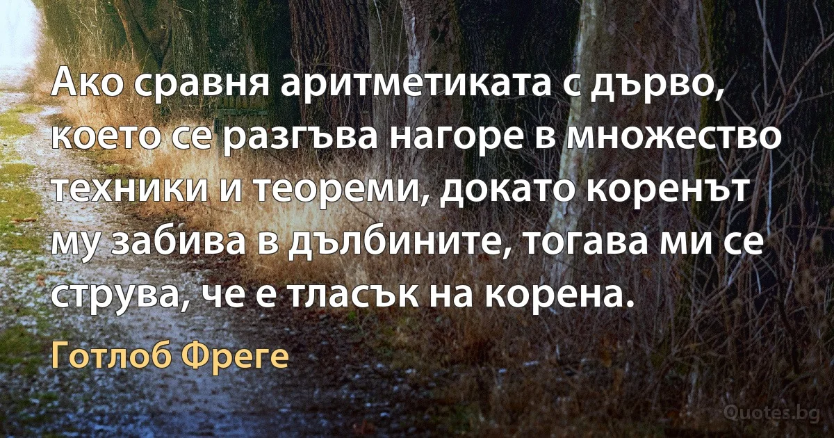 Ако сравня аритметиката с дърво, което се разгъва нагоре в множество техники и теореми, докато коренът му забива в дълбините, тогава ми се струва, че е тласък на корена. (Готлоб Фреге)