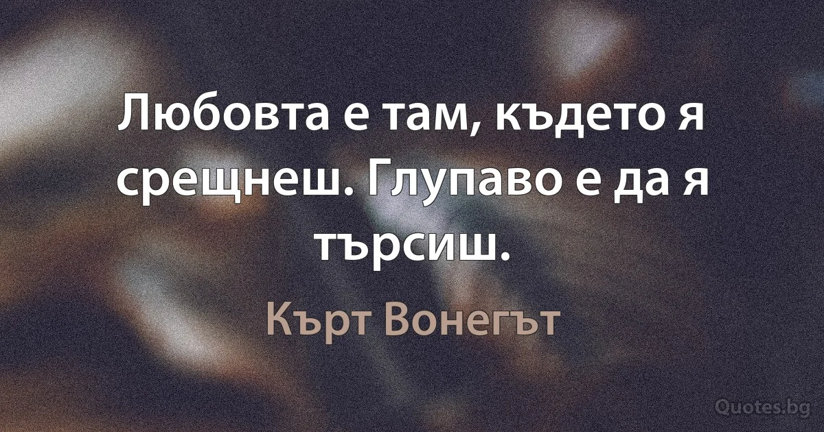 Любовта е там, където я срещнеш. Глупаво е да я търсиш. (Кърт Вонегът)