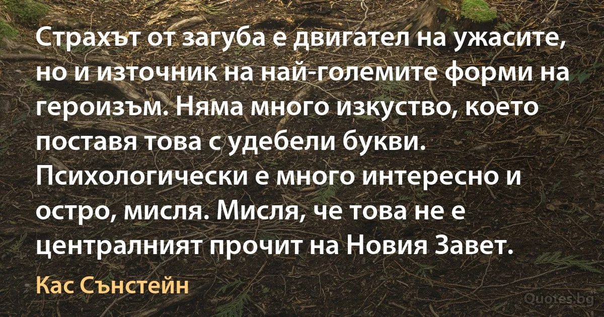 Страхът от загуба е двигател на ужасите, но и източник на най-големите форми на героизъм. Няма много изкуство, което поставя това с удебели букви. Психологически е много интересно и остро, мисля. Мисля, че това не е централният прочит на Новия Завет. (Кас Сънстейн)