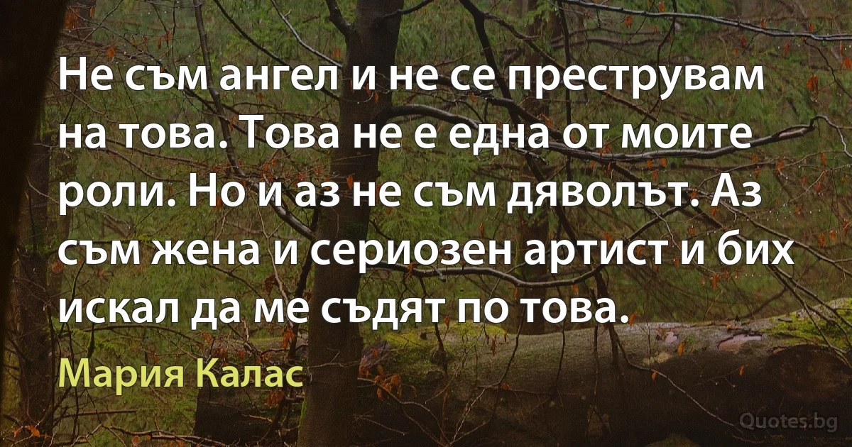 Не съм ангел и не се преструвам на това. Това не е една от моите роли. Но и аз не съм дяволът. Аз съм жена и сериозен артист и бих искал да ме съдят по това. (Мария Калас)