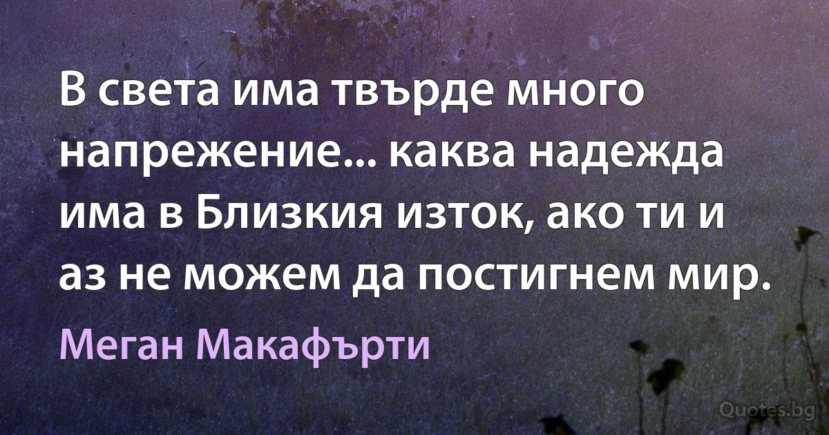 В света има твърде много напрежение... каква надежда има в Близкия изток, ако ти и аз не можем да постигнем мир. (Меган Макафърти)