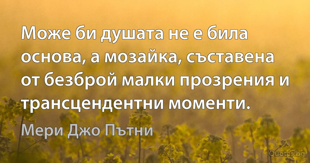 Може би душата не е била основа, а мозайка, съставена от безброй малки прозрения и трансцендентни моменти. (Мери Джо Пътни)