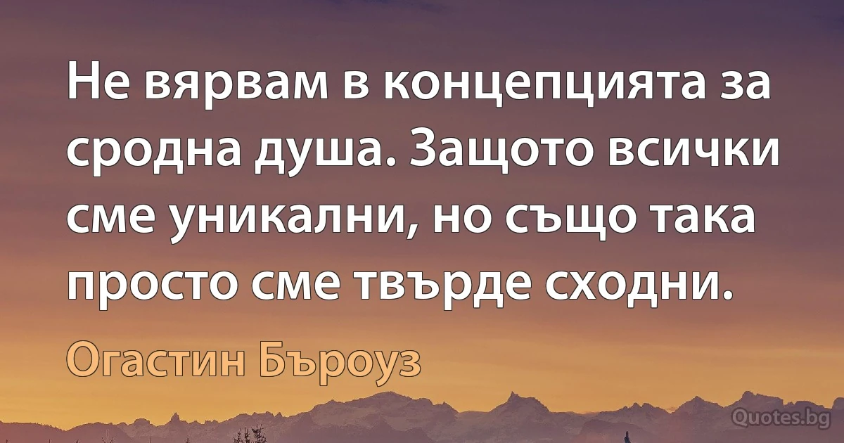 Не вярвам в концепцията за сродна душа. Защото всички сме уникални, но също така просто сме твърде сходни. (Огастин Бъроуз)