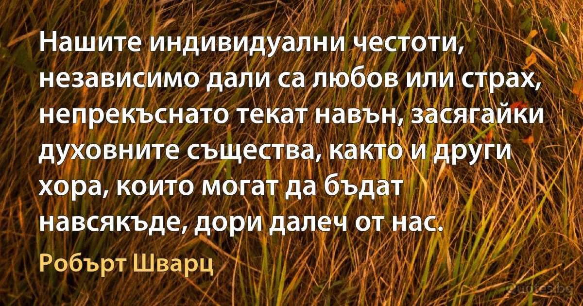 Нашите индивидуални честоти, независимо дали са любов или страх, непрекъснато текат навън, засягайки духовните същества, както и други хора, които могат да бъдат навсякъде, дори далеч от нас. (Робърт Шварц)