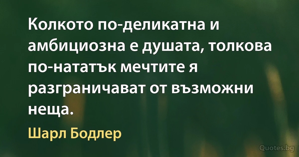 Колкото по-деликатна и амбициозна е душата, толкова по-нататък мечтите я разграничават от възможни неща. (Шарл Бодлер)