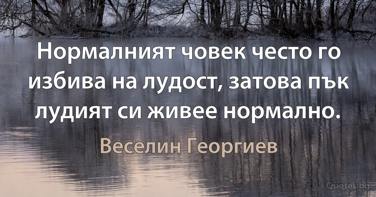 Нормалният човек често го избива на лудост, затова пък лудият си живее нормално. (Веселин Георгиев)