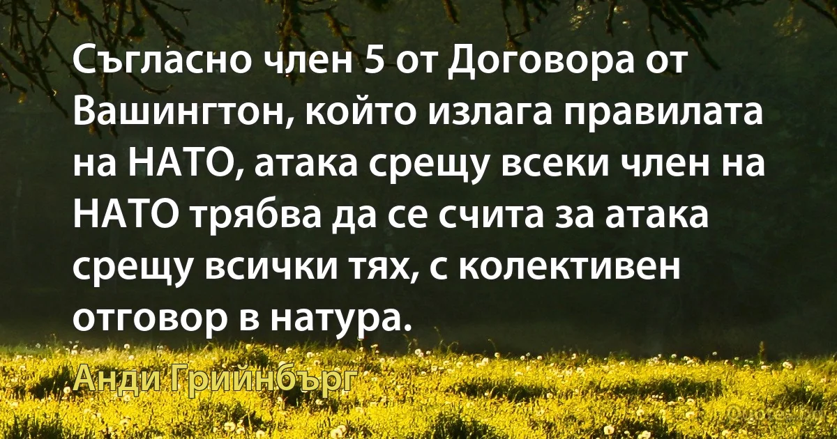 Съгласно член 5 от Договора от Вашингтон, който излага правилата на НАТО, атака срещу всеки член на НАТО трябва да се счита за атака срещу всички тях, с колективен отговор в натура. (Анди Грийнбърг)