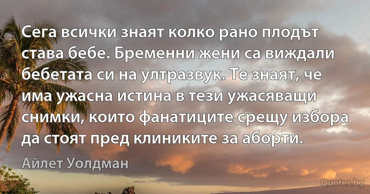 Сега всички знаят колко рано плодът става бебе. Бременни жени са виждали бебетата си на ултразвук. Те знаят, че има ужасна истина в тези ужасяващи снимки, които фанатиците срещу избора да стоят пред клиниките за аборти. (Айлет Уолдман)