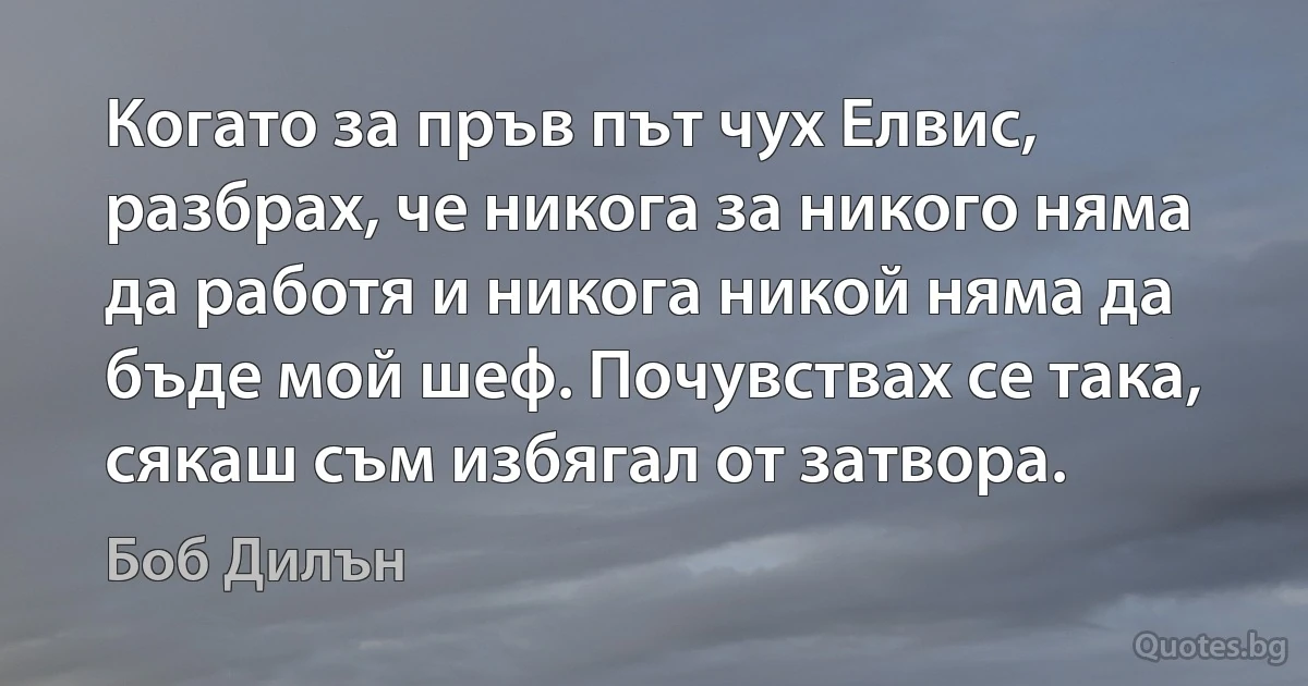 Когато за пръв път чух Елвис, разбрах, че никога за никого няма да работя и никога никой няма да бъде мой шеф. Почувствах се така, сякаш съм избягал от затвора. (Боб Дилън)