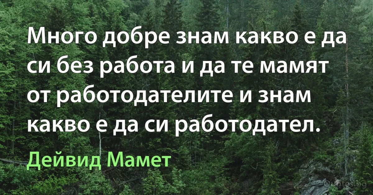 Много добре знам какво е да си без работа и да те мамят от работодателите и знам какво е да си работодател. (Дейвид Мамет)