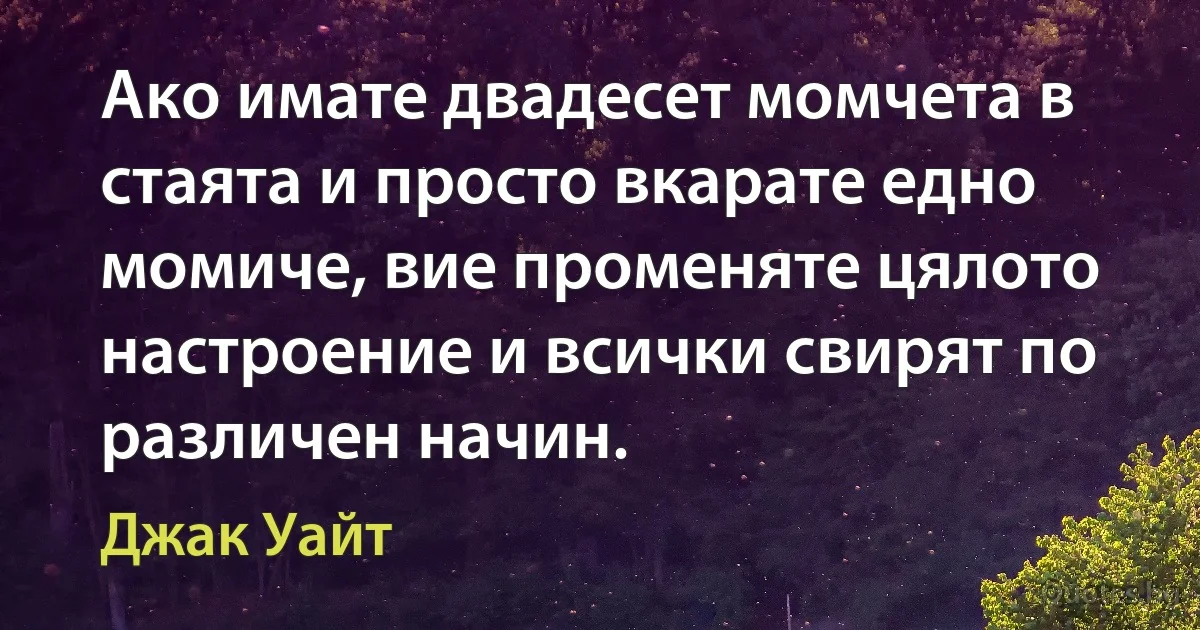 Ако имате двадесет момчета в стаята и просто вкарате едно момиче, вие променяте цялото настроение и всички свирят по различен начин. (Джак Уайт)