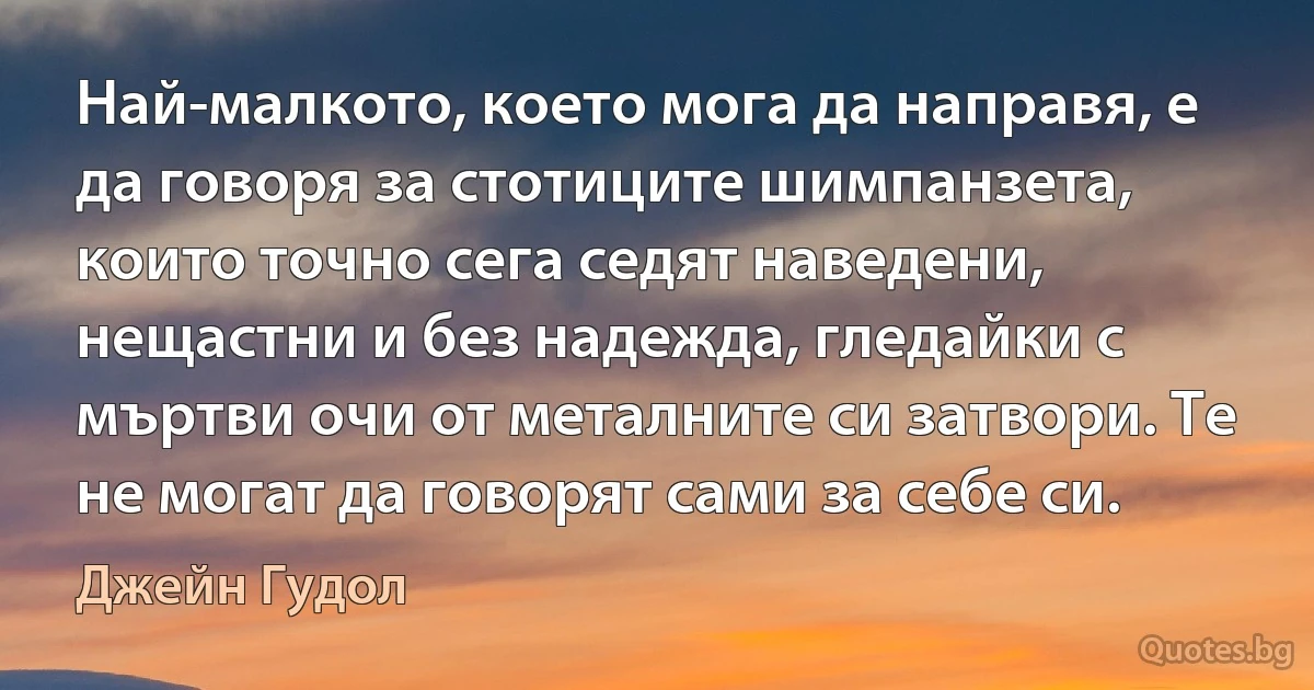 Най-малкото, което мога да направя, е да говоря за стотиците шимпанзета, които точно сега седят наведени, нещастни и без надежда, гледайки с мъртви очи от металните си затвори. Те не могат да говорят сами за себе си. (Джейн Гудол)