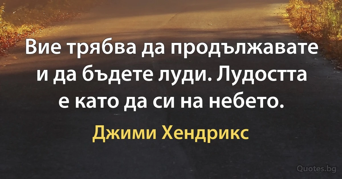 Вие трябва да продължавате и да бъдете луди. Лудостта е като да си на небето. (Джими Хендрикс)