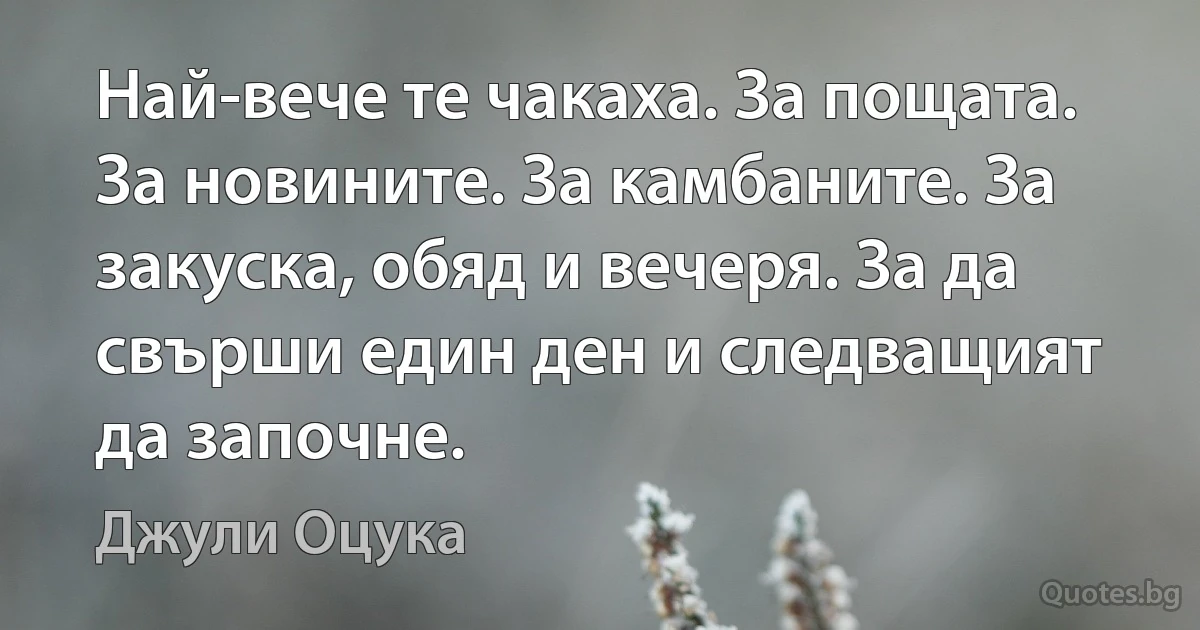 Най-вече те чакаха. За пощата. За новините. За камбаните. За закуска, обяд и вечеря. За да свърши един ден и следващият да започне. (Джули Оцука)