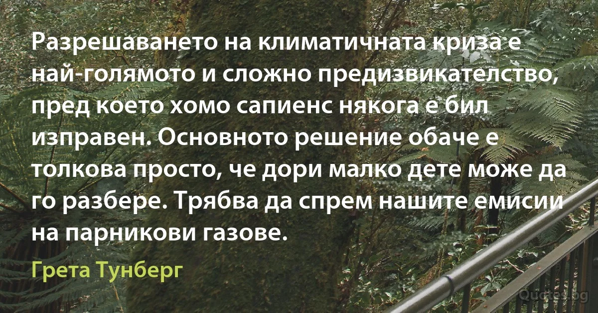 Разрешаването на климатичната криза е най-голямото и сложно предизвикателство, пред което хомо сапиенс някога е бил изправен. Основното решение обаче е толкова просто, че дори малко дете може да го разбере. Трябва да спрем нашите емисии на парникови газове. (Грета Тунберг)