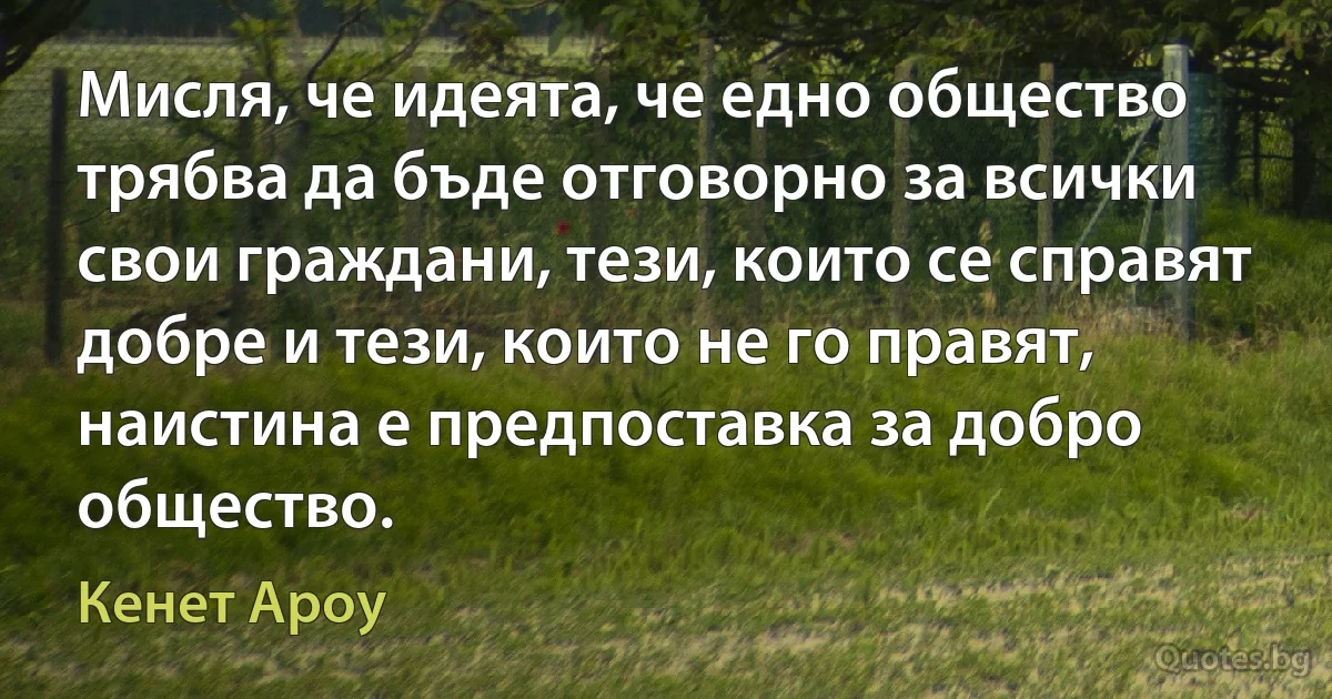 Мисля, че идеята, че едно общество трябва да бъде отговорно за всички свои граждани, тези, които се справят добре и тези, които не го правят, наистина е предпоставка за добро общество. (Кенет Ароу)