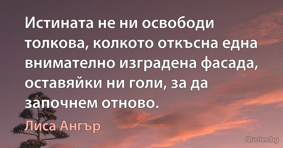 Истината не ни освободи толкова, колкото откъсна една внимателно изградена фасада, оставяйки ни голи, за да започнем отново. (Лиса Ангър)