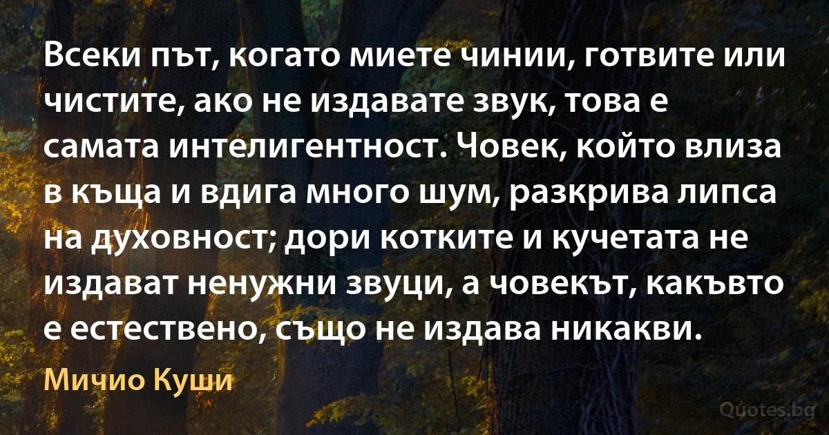 Всеки път, когато миете чинии, готвите или чистите, ако не издавате звук, това е самата интелигентност. Човек, който влиза в къща и вдига много шум, разкрива липса на духовност; дори котките и кучетата не издават ненужни звуци, а човекът, какъвто е естествено, също не издава никакви. (Мичио Куши)