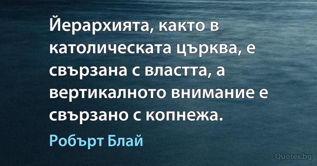 Йерархията, както в католическата църква, е свързана с властта, а вертикалното внимание е свързано с копнежа. (Робърт Блай)