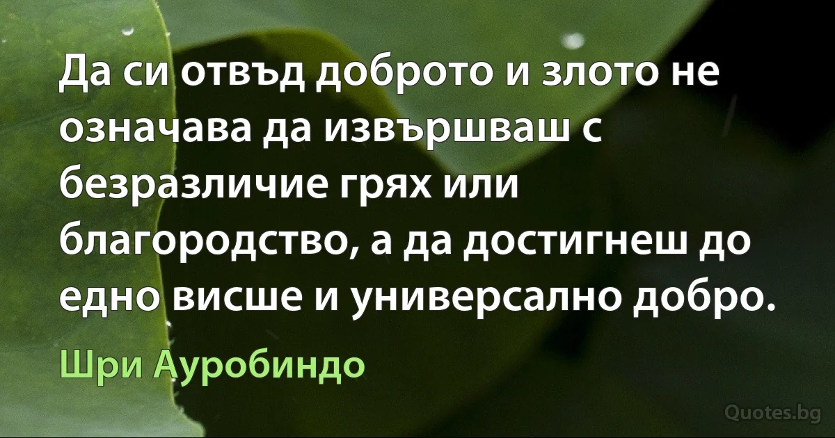 Да си отвъд доброто и злото не означава да извършваш с безразличие грях или благородство, а да достигнеш до едно висше и универсално добро. (Шри Ауробиндо)