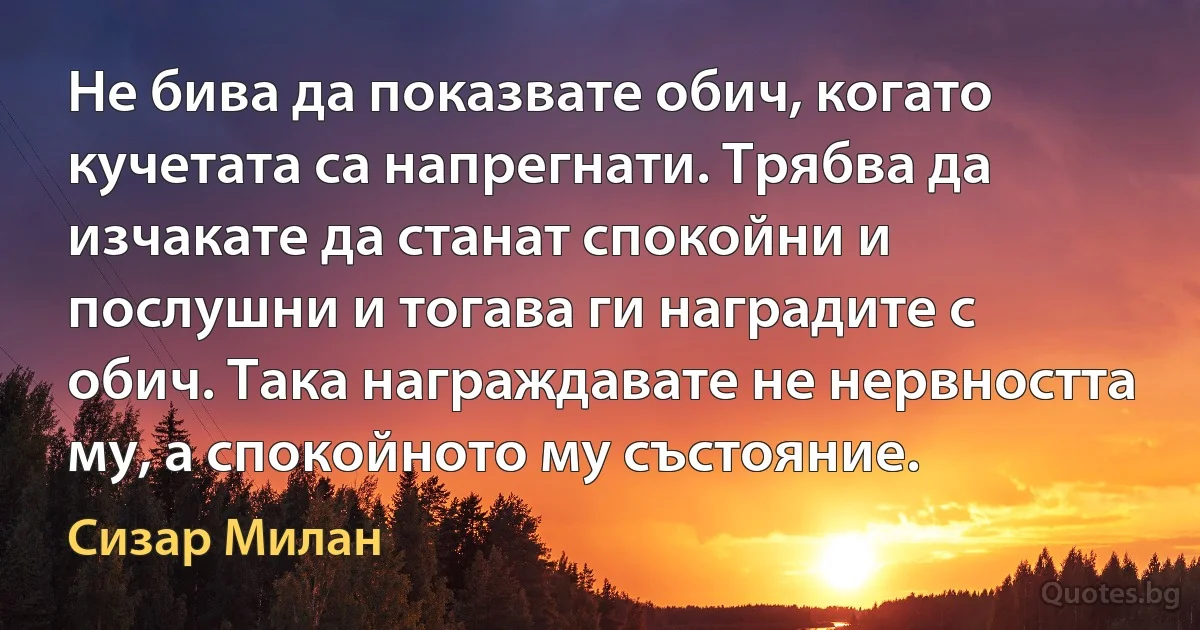 Не бива да показвате обич, когато кучетата са напрегнати. Трябва да изчакате да станат спокойни и послушни и тогава ги наградите с обич. Така награждавате не нервността му, а спокойното му състояние. (Сизар Милан)