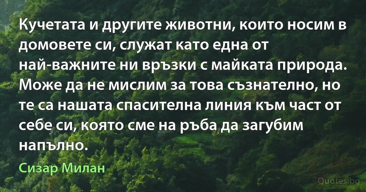 Кучетата и другите животни, които носим в домовете си, служат като една от най-важните ни връзки с майката природа. Може да не мислим за това съзнателно, но те са нашата спасителна линия към част от себе си, която сме на ръба да загубим напълно. (Сизар Милан)