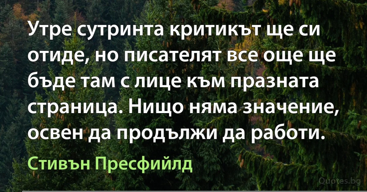 Утре сутринта критикът ще си отиде, но писателят все още ще бъде там с лице към празната страница. Нищо няма значение, освен да продължи да работи. (Стивън Пресфийлд)