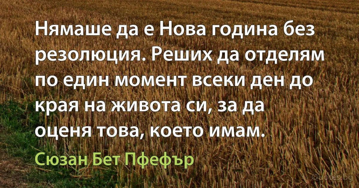 Нямаше да е Нова година без резолюция. Реших да отделям по един момент всеки ден до края на живота си, за да оценя това, което имам. (Сюзан Бет Пфефър)