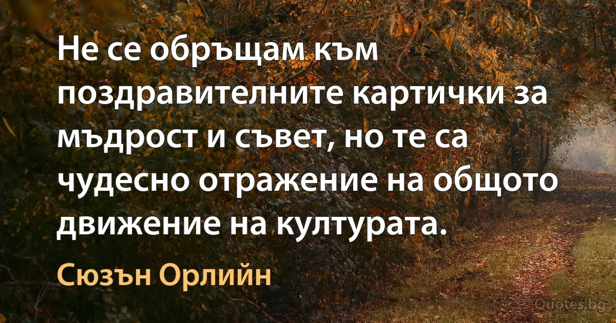 Не се обръщам към поздравителните картички за мъдрост и съвет, но те са чудесно отражение на общото движение на културата. (Сюзън Орлийн)