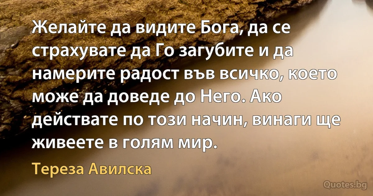 Желайте да видите Бога, да се страхувате да Го загубите и да намерите радост във всичко, което може да доведе до Него. Ако действате по този начин, винаги ще живеете в голям мир. (Тереза Авилска)