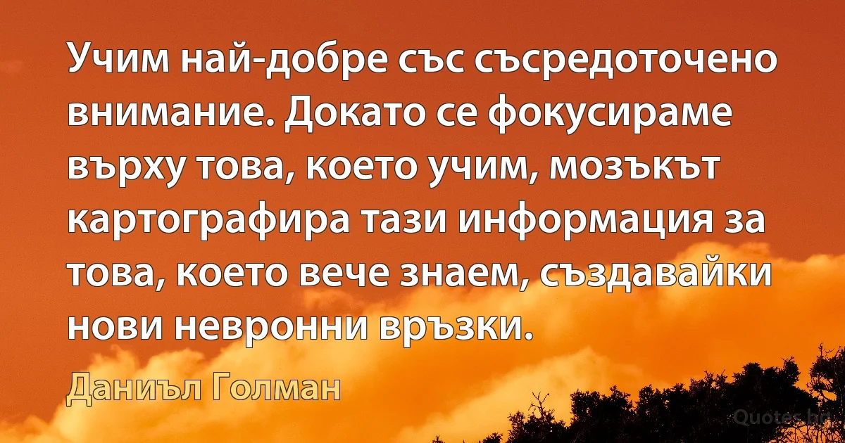 Учим най-добре със съсредоточено внимание. Докато се фокусираме върху това, което учим, мозъкът картографира тази информация за това, което вече знаем, създавайки нови невронни връзки. (Даниъл Голман)