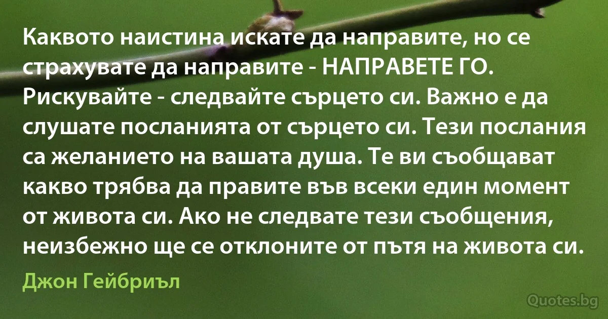 Каквото наистина искате да направите, но се страхувате да направите - НАПРАВЕТЕ ГО. Рискувайте - следвайте сърцето си. Важно е да слушате посланията от сърцето си. Тези послания са желанието на вашата душа. Те ви съобщават какво трябва да правите във всеки един момент от живота си. Ако не следвате тези съобщения, неизбежно ще се отклоните от пътя на живота си. (Джон Гейбриъл)