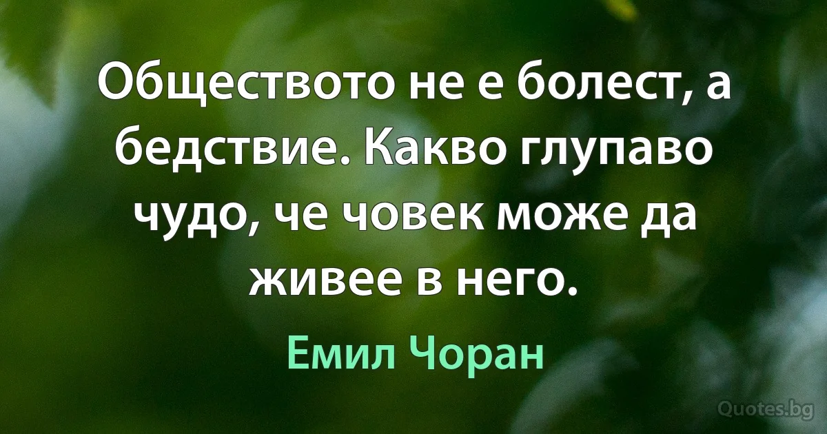 Обществото не е болест, а бедствие. Какво глупаво чудо, че човек може да живее в него. (Емил Чоран)