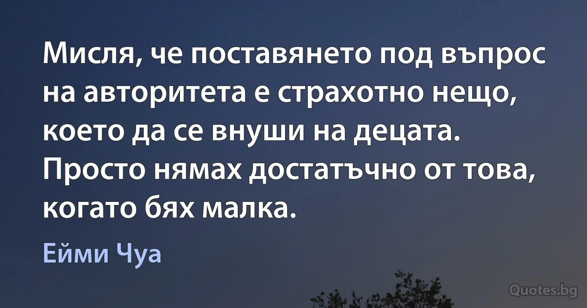 Мисля, че поставянето под въпрос на авторитета е страхотно нещо, което да се внуши на децата. Просто нямах достатъчно от това, когато бях малка. (Ейми Чуа)