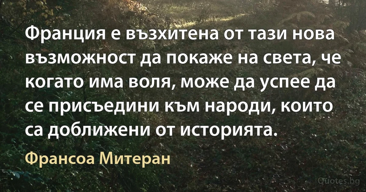 Франция е възхитена от тази нова възможност да покаже на света, че когато има воля, може да успее да се присъедини към народи, които са доближени от историята. (Франсоа Митеран)