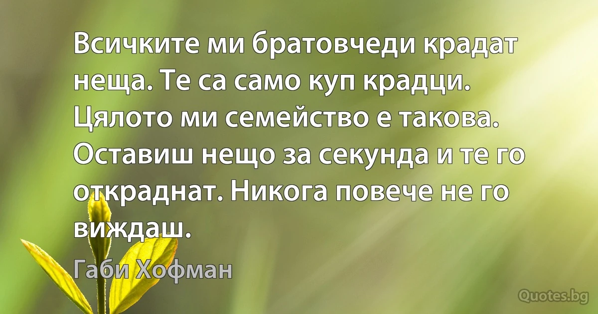 Всичките ми братовчеди крадат неща. Те са само куп крадци. Цялото ми семейство е такова. Оставиш нещо за секунда и те го откраднат. Никога повече не го виждаш. (Габи Хофман)