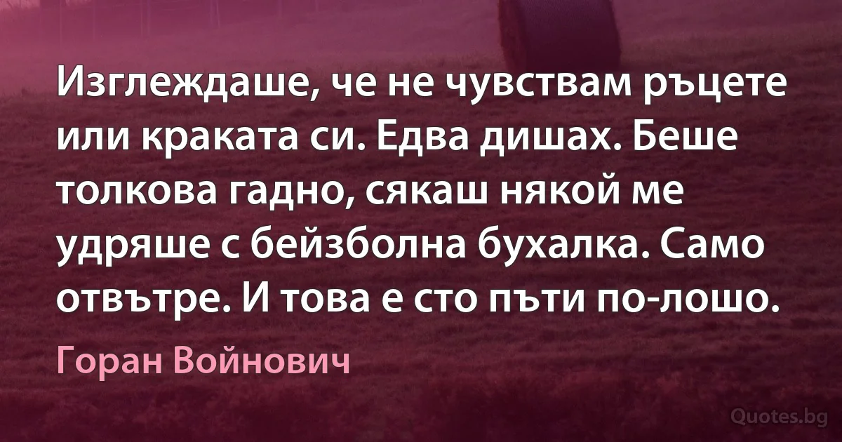 Изглеждаше, че не чувствам ръцете или краката си. Едва дишах. Беше толкова гадно, сякаш някой ме удряше с бейзболна бухалка. Само отвътре. И това е сто пъти по-лошо. (Горан Войнович)