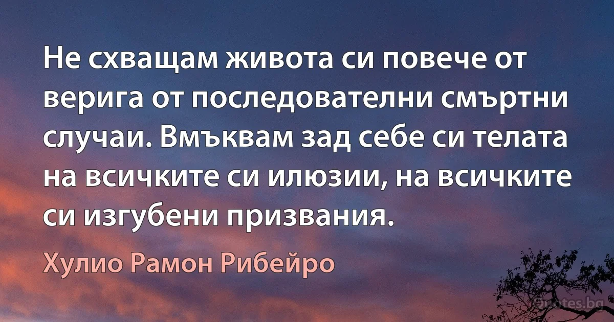 Не схващам живота си повече от верига от последователни смъртни случаи. Вмъквам зад себе си телата на всичките си илюзии, на всичките си изгубени призвания. (Хулио Рамон Рибейро)