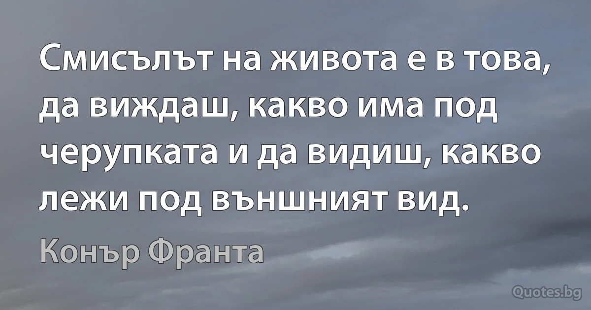 Смисълът на живота е в това, да виждаш, какво има под черупката и да видиш, какво лежи под външният вид. (Конър Франта)