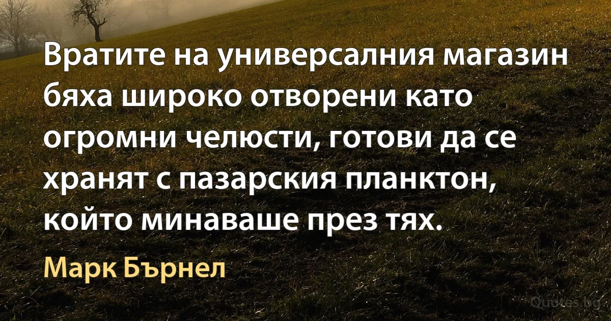 Вратите на универсалния магазин бяха широко отворени като огромни челюсти, готови да се хранят с пазарския планктон, който минаваше през тях. (Марк Бърнел)